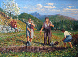 Carlo Mattei. Lavoro nei campi a Toceno, inizio di primavera. 55 x 75