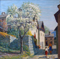 Carlo Mattei. Scorcio di  paese con ciliegio in fiore. 70 x 70