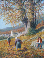 Carlo Mattei. Raccolta delle castagne a Crana. 35 x 50