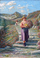 Carlo Mattei. Donna con rododendri. 50 x 70